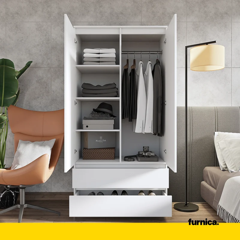 JOELLE - Armoire 2 Portes avec 2 Tiroirs - Blanc Mat H180cm L90cm P50cm