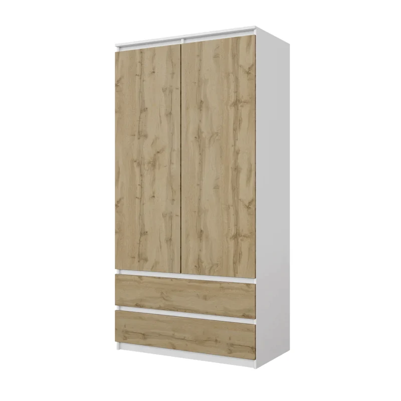JOELLE - Armoire 2 Portes avec 2 Tiroirs - Blanc Mat / Chêne Wotan H180cm L90cm P50cm