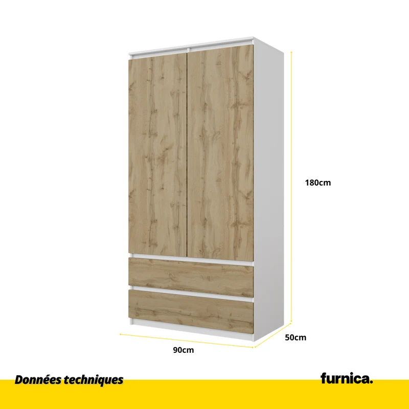 JOELLE - Armoire 2 Portes avec 2 Tiroirs - Blanc Mat / Chêne Wotan H180cm L90cm P50cm