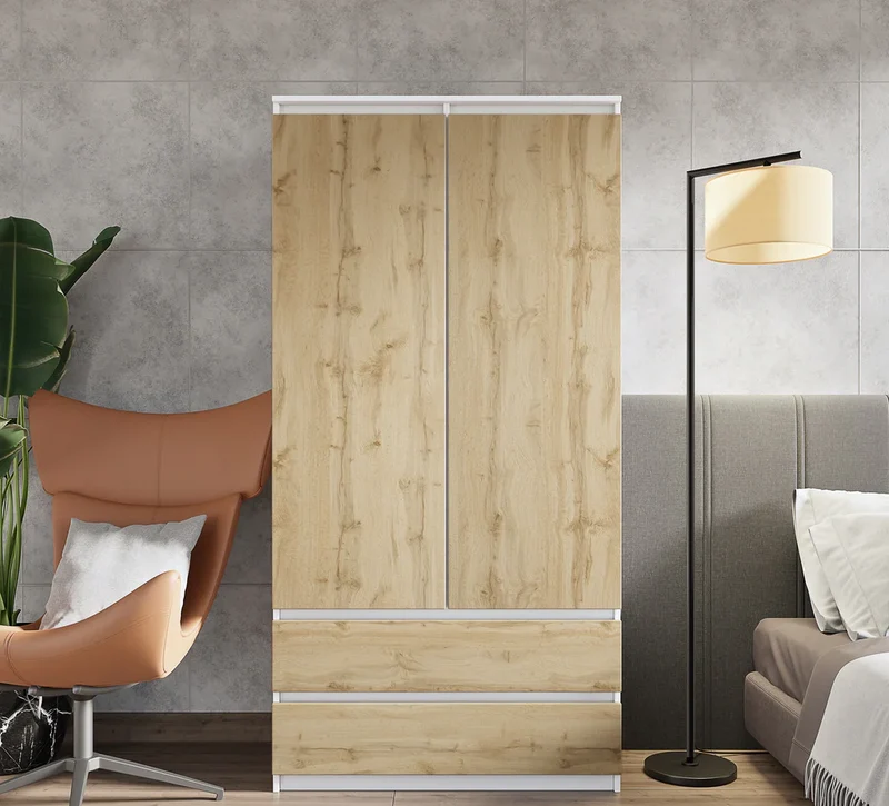 JOELLE - Armoire 2 Portes avec 2 Tiroirs - Blanc Mat / Chêne Wotan H180cm L90cm P50cm