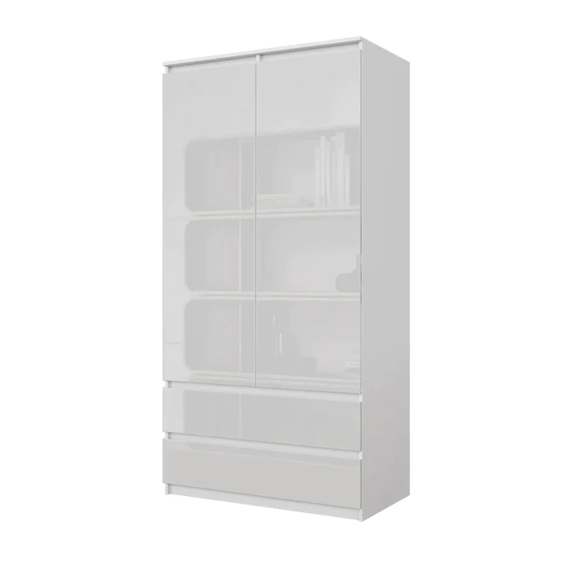 JOELLE - Armoire 2 Portes avec 2 Tiroirs - Blanc Mat / Blanc Brillant H180cm L90cm P50cm