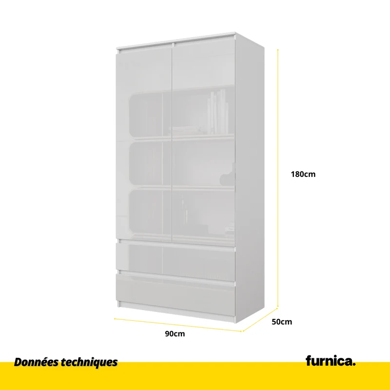 JOELLE - Armoire 2 Portes avec 2 Tiroirs - Blanc Mat / Blanc Brillant H180cm L90cm P50cm