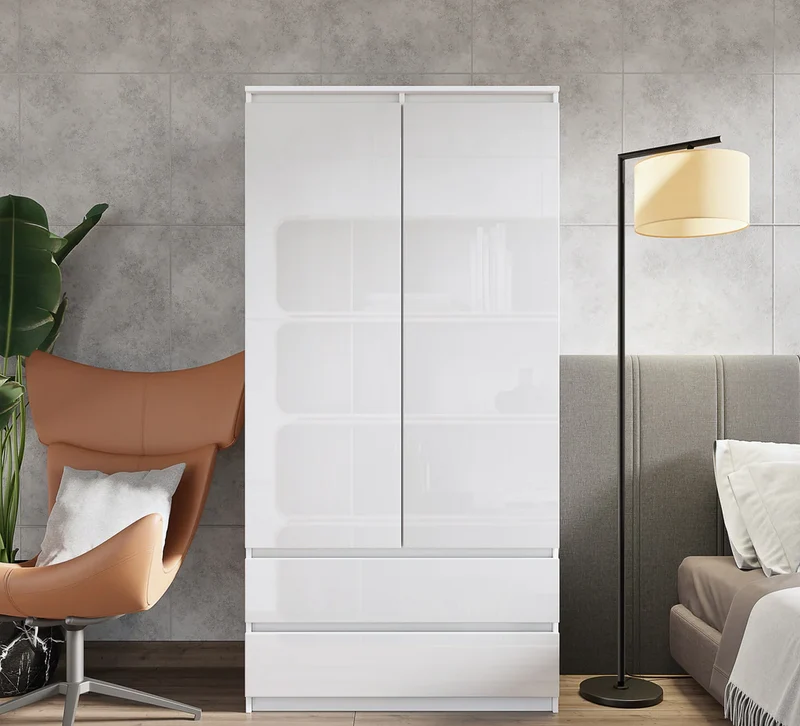 JOELLE - Armoire 2 Portes avec 2 Tiroirs - Blanc Mat / Blanc Brillant H180cm L90cm P50cm