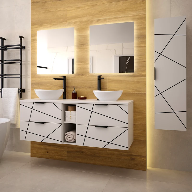 Ensemble meuble double vasque 140cm 2 niches et colonne Teren Blanc