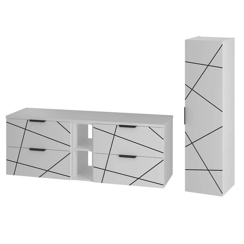 Ensemble meuble double vasque 140cm 2 niches et colonne Teren Blanc
