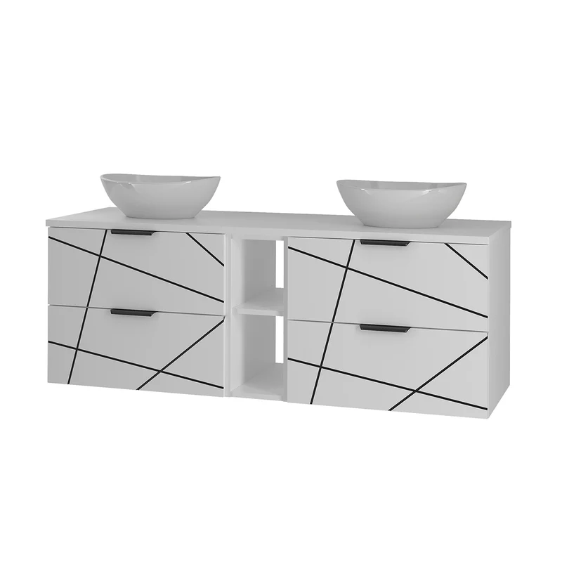 Ensemble meuble double vasque 140cm 2 niches et colonne Teren Blanc