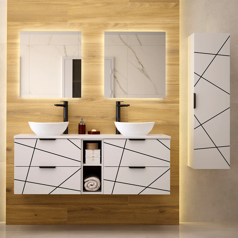 Meuble double vasque 140cm 2 niches Teren Blanc