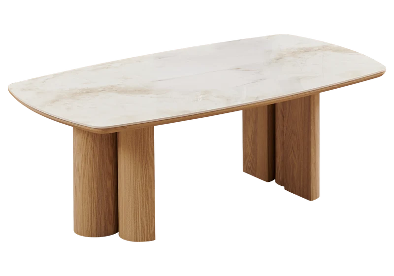 Salle à manger complète marbre beige et bois - Doria