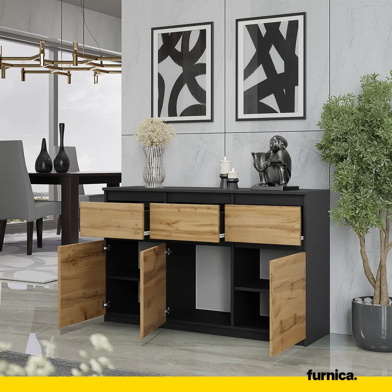 NOAH - Commode 3 Tiroirs et 3 Portes - Meuble de Rangement pour Couloir/Chambre - Buffet - H75cm L120cm P35cm (Anthracite/Chêne Wotan)