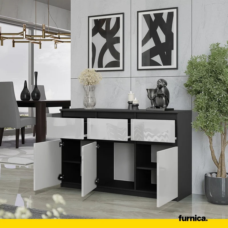NOAH - Commode 3 Tiroirs et 3 Portes - Meuble de Rangement pour Couloir/Chambre - Buffet - H75cm L120cm P35cm (Anthracite/Blanc Brillant)
