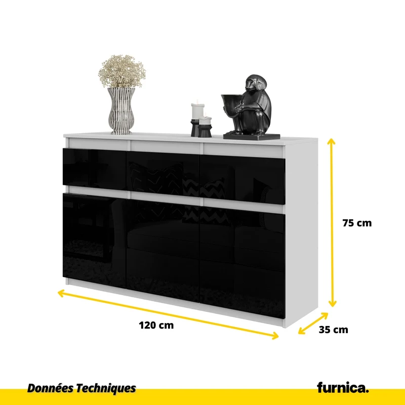 NOAH - Commode 3 Tiroirs et 3 Portes - Meuble de Rangement pour Couloir/Chambre - Buffet - H75cm L120cm P35cm (Blanc/Noir Brillant)