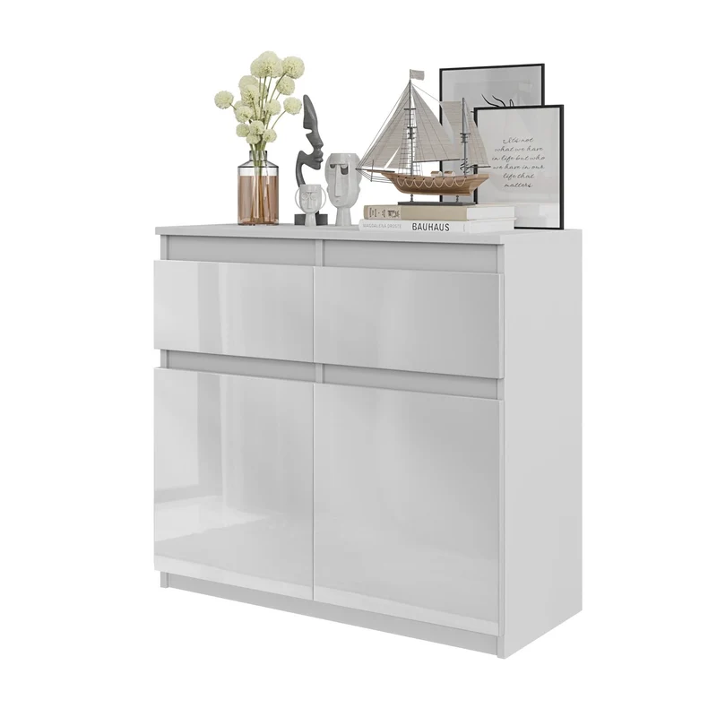 NOAH - Commode 2 Tiroirs et 2 Portes - Meuble de Rangement pour Couloir/Chambre - Buffet - H75cm L80cm P35cm (Blanc Mat/Blanc Brillant)