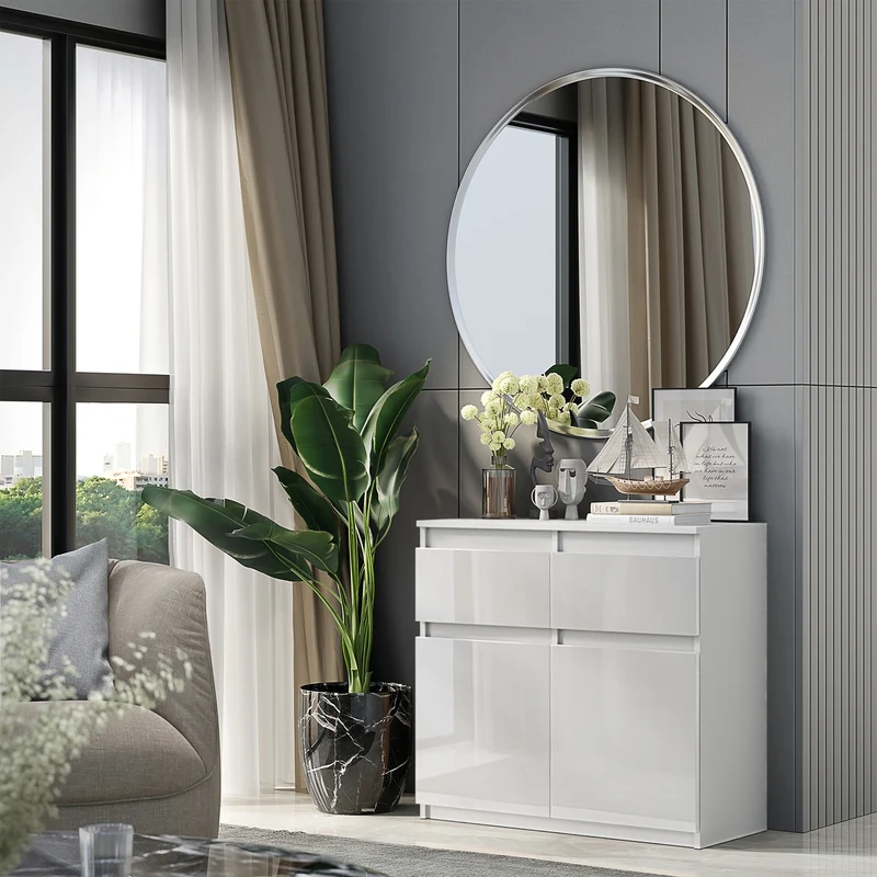NOAH - Commode 2 Tiroirs et 2 Portes - Meuble de Rangement pour Couloir/Chambre - Buffet - H75cm L80cm P35cm (Blanc Mat/Blanc Brillant)