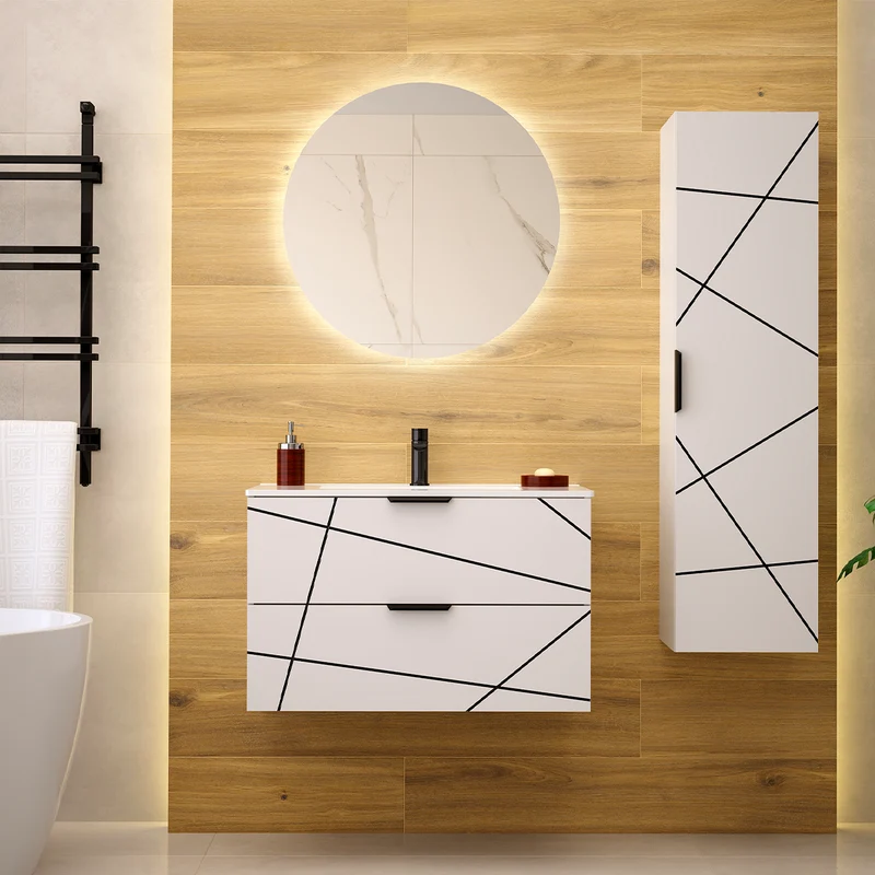 Ensemble meuble simple vasque encastrée 80cm et colonne Teren Blanc