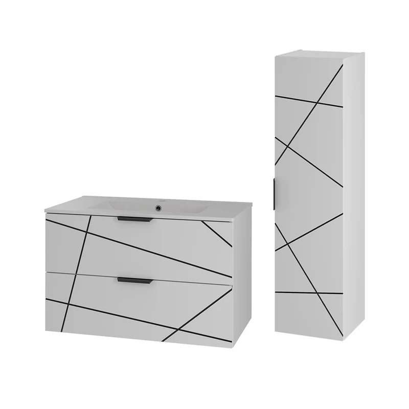 Ensemble meuble simple vasque encastrée 80cm et colonne Teren Blanc