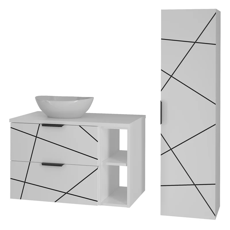 Ensemble meuble simple vasque 80cm 2 niches et colonne Teren Blanc