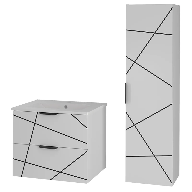 Ensemble meuble simple vasque encastrée 60cm et colonne Teren Blanc