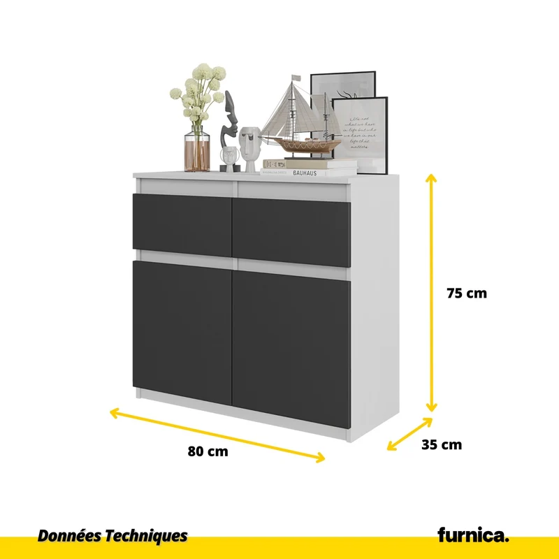 NOAH - Commode 2 Tiroirs et 2 Portes - Meuble de Rangement pour Couloir/Chambre - Buffet - H75cm L80cm P35cm (Blanc/Anthracite)
