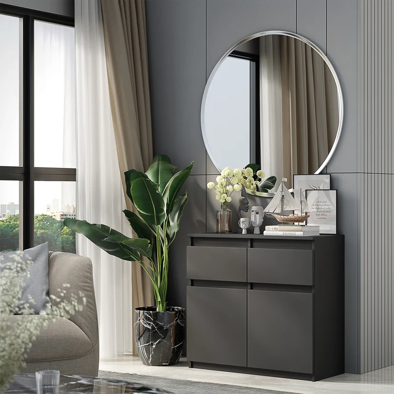 NOAH - Commode 2 Tiroirs et 2 Portes - Meuble de Rangement pour Couloir/Chambre - Buffet - H75cm L80cm P35cm (Anthracite)