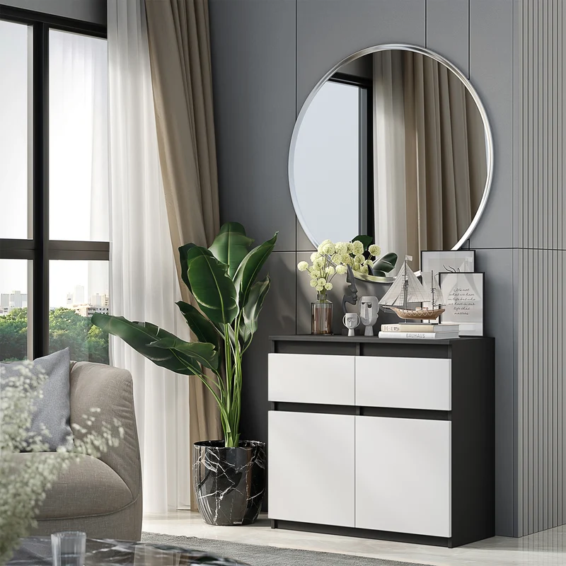 NOAH - Commode 2 Tiroirs et 2 Portes - Meuble de Rangement pour Couloir/Chambre - Buffet - H75cm L80cm P35cm (Anthracite/Blanc)