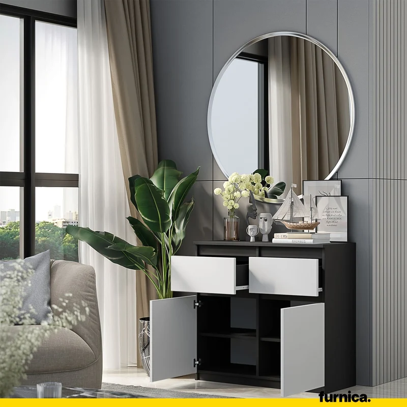 NOAH - Commode 2 Tiroirs et 2 Portes - Meuble de Rangement pour Couloir/Chambre - Buffet - H75cm L80cm P35cm (Anthracite/Blanc)