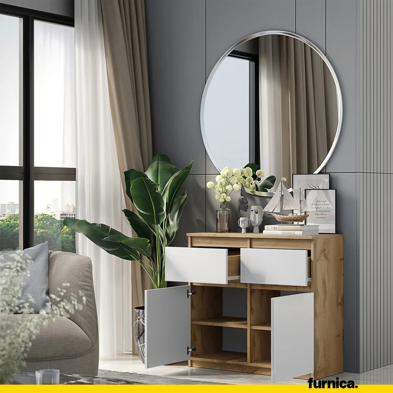 NOAH - Commode 2 Tiroirs et 2 Portes - Meuble de Rangement pour Couloir/Chambre - Buffet - H75cm L80cm P35cm (Chêne Wotan/Blanc)