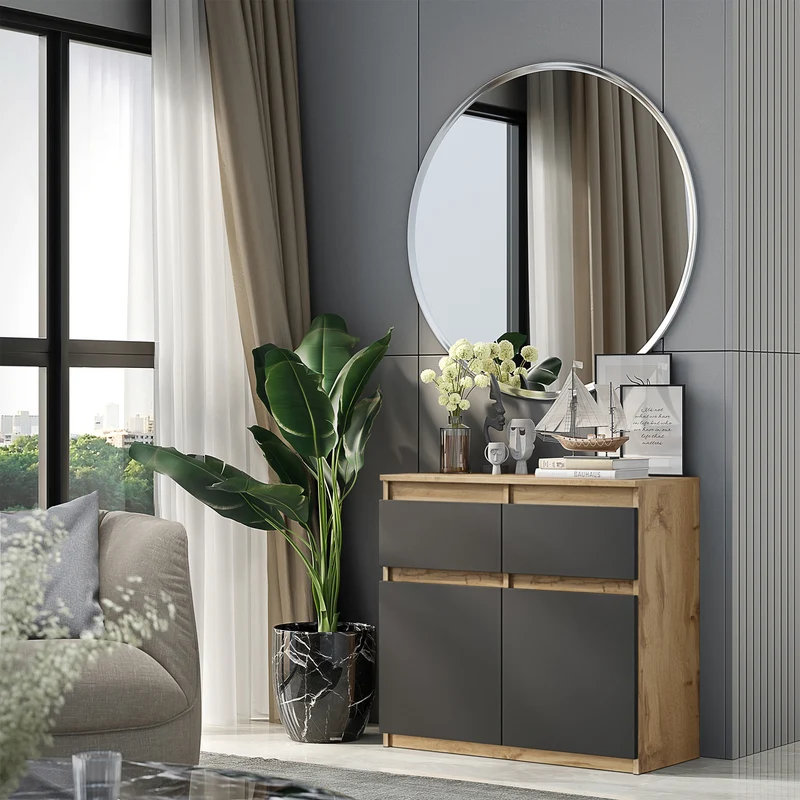 NOAH - Commode 2 Tiroirs et 2 Portes - Meuble de Rangement pour Couloir/Chambre - Buffet - H75cm L80cm P35cm (Chêne Wotan/Anthracite)