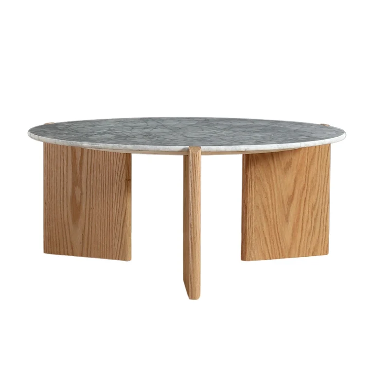 Table basse D80 cm marbre blanc placage chêne