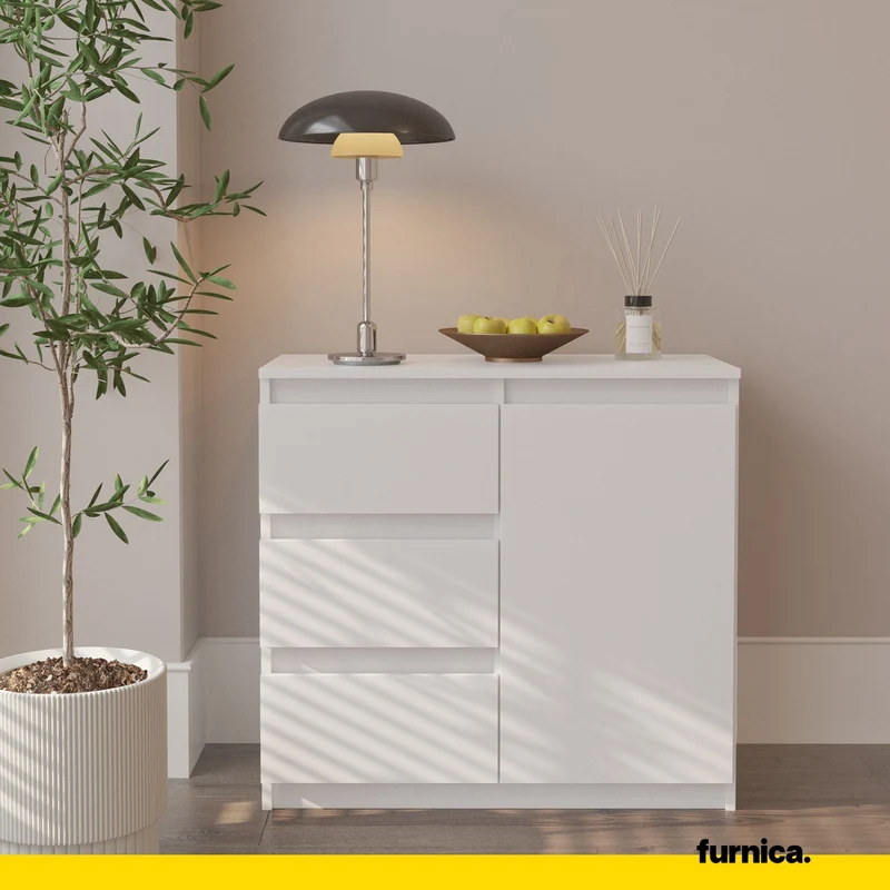 MIKEL - Commode 3 Tiroirs et 1 Porte - Armoire de Rangement pour Couloir/Chambre à Coucher - Buffet - H75cm L80cm P35cm (Blanc)