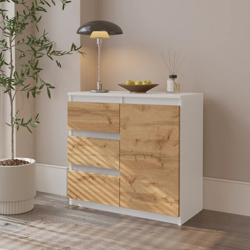 MIKEL - Commode 3 Tiroirs et 1 Porte - Armoire de Rangement pour Couloir/Chambre à Coucher - Buffet - H75cm L80cm P35cm (Blanc/Chêne Wotan)
