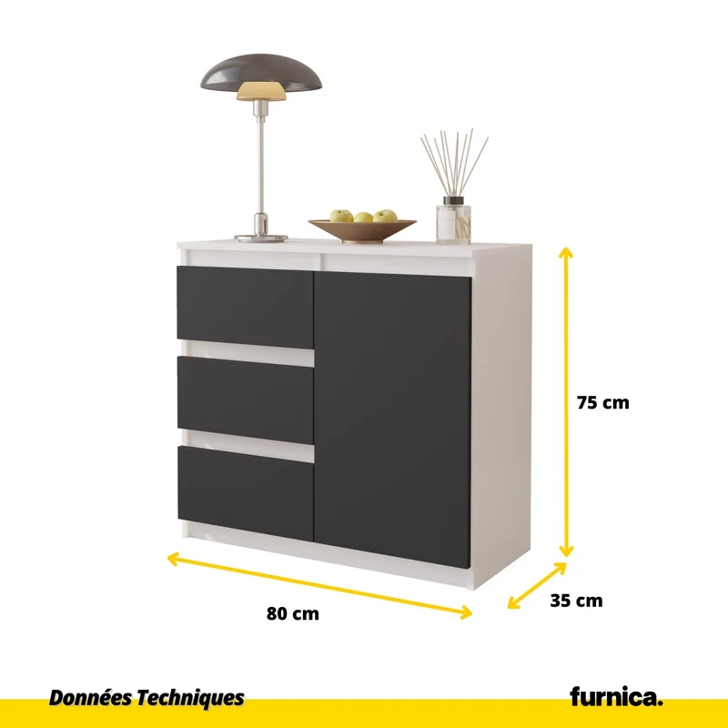 MIKEL - Commode 3 Tiroirs et 1 Porte - Armoire de Rangement pour Couloir/Chambre à Coucher - Buffet - H75cm L80cm P35cm (Blanc/Anthracite)