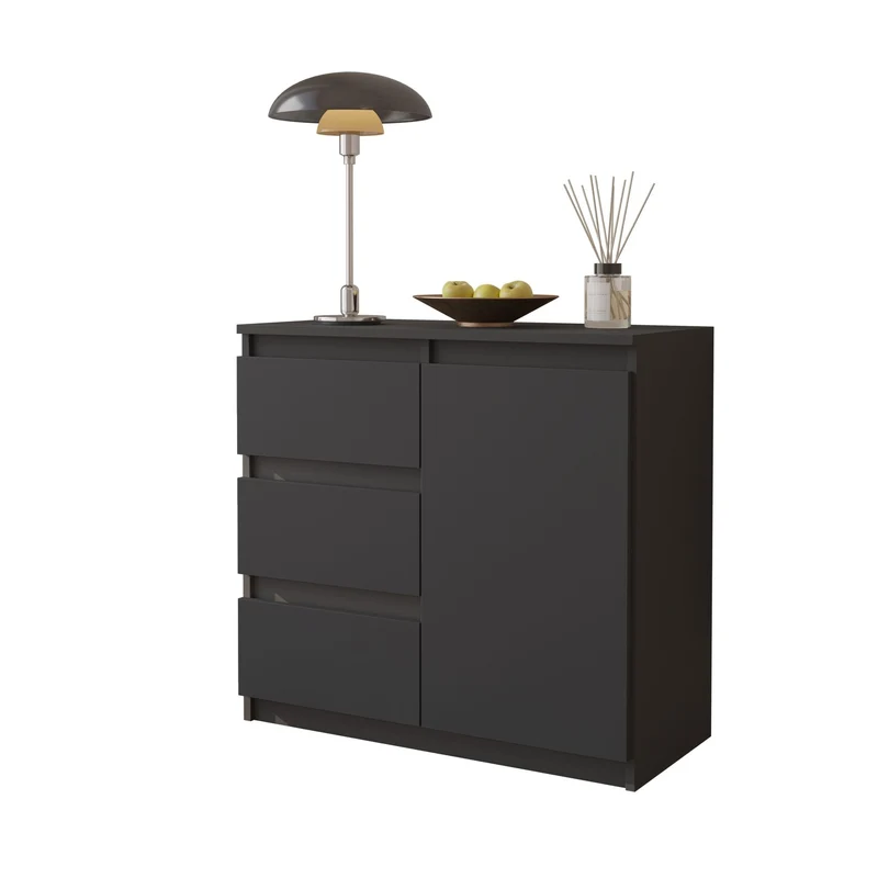 MIKEL - Commode 3 Tiroirs et 1 Porte - Armoire de Rangement pour Couloir/Chambre à Coucher - Buffet - H75cm L80cm P35cm (Anthracite)
