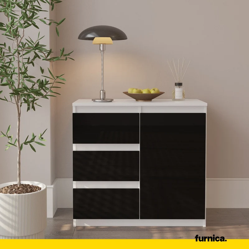 MIKEL - Commode 3 Tiroirs et 1 Porte - Armoire de Rangement pour Couloir/Chambre à Coucher - Buffet - H75cm L80cm P35cm (Blanc/Noir Brillant)