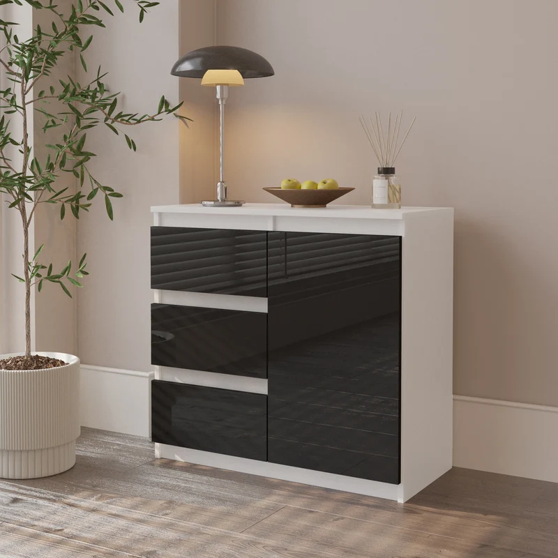 MIKEL - Commode 3 Tiroirs et 1 Porte - Armoire de Rangement pour Couloir/Chambre à Coucher - Buffet - H75cm L80cm P35cm (Blanc/Noir Brillant)