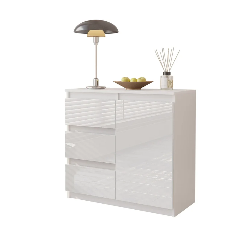 MIKEL - Commode 3 Tiroirs et 1 Porte - Armoire de Rangement pour Couloir/Chambre à Coucher - Buffet - H75cm L80cm P35cm (Blanc Mat/Blanc Brillant)