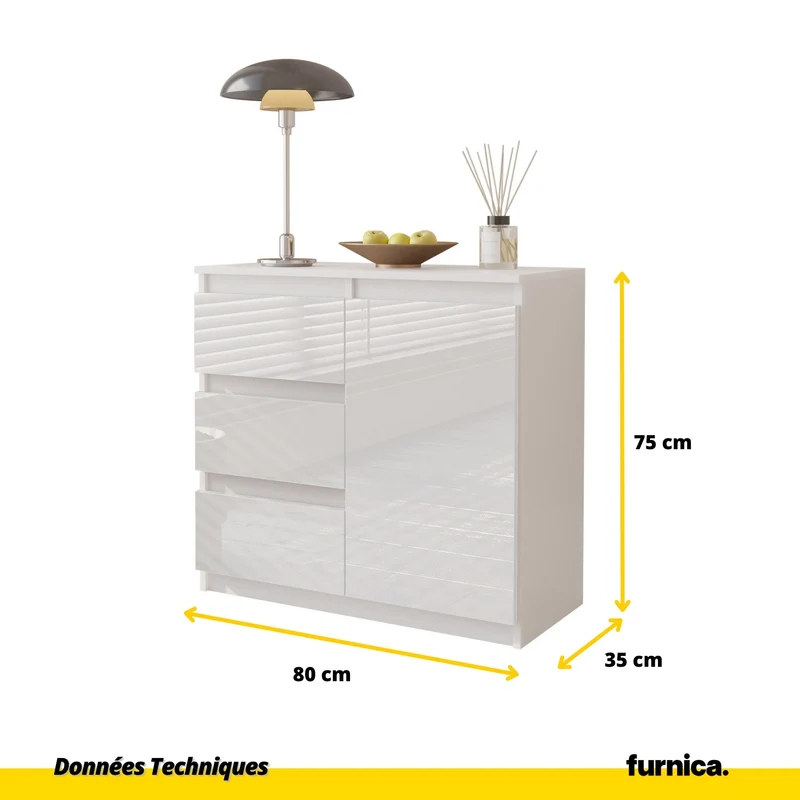 MIKEL - Commode 3 Tiroirs et 1 Porte - Armoire de Rangement pour Couloir/Chambre à Coucher - Buffet - H75cm L80cm P35cm (Blanc Mat/Blanc Brillant)