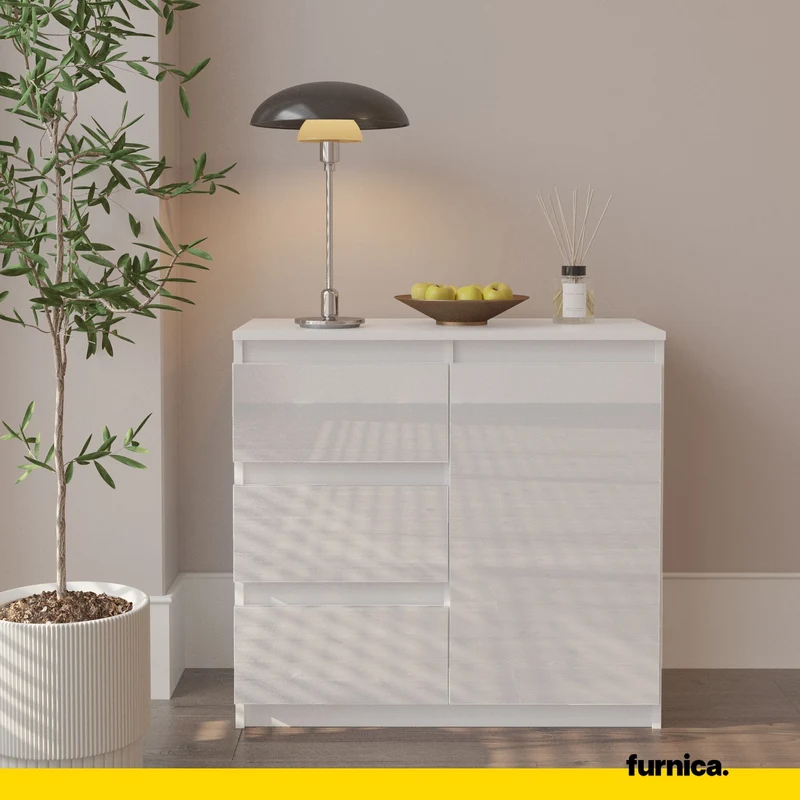MIKEL - Commode 3 Tiroirs et 1 Porte - Armoire de Rangement pour Couloir/Chambre à Coucher - Buffet - H75cm L80cm P35cm (Blanc Mat/Blanc Brillant)