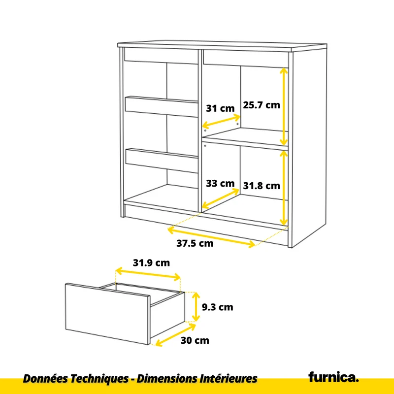 MIKEL - Commode 3 Tiroirs et 1 Porte - Armoire de Rangement pour Couloir/Chambre à Coucher - Buffet - H75cm L80cm P35cm (Blanc Mat/Blanc Brillant)