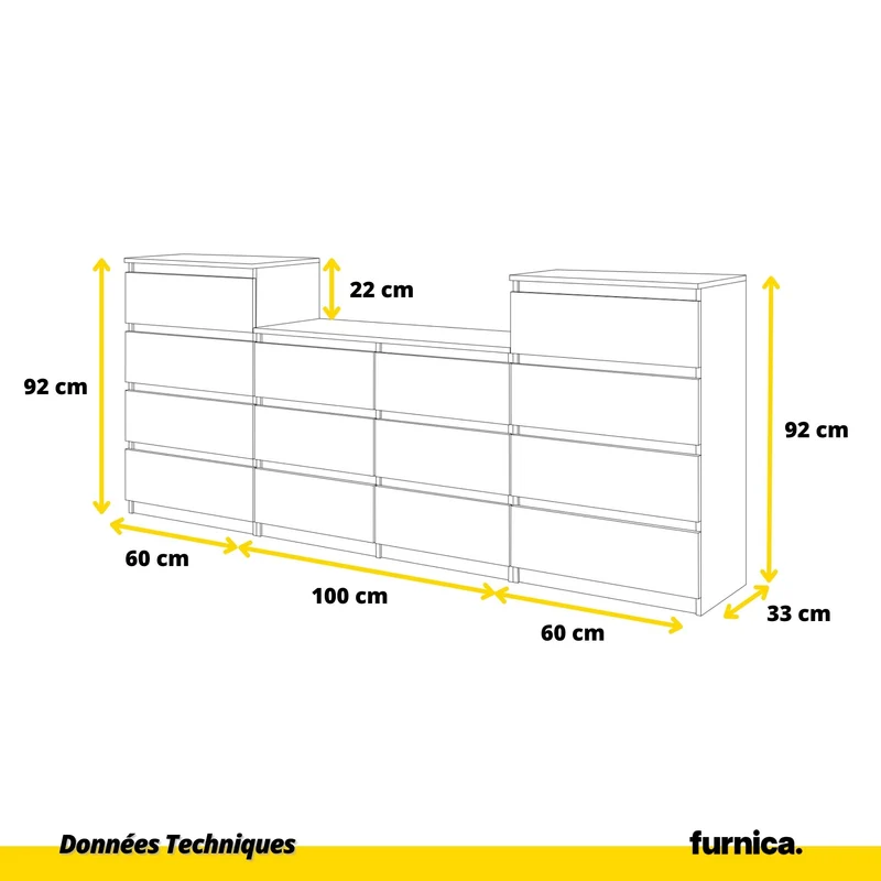 GABRIEL - Commode 14 Tiroirs (4+6+4) - H92cm L220cm P33cm (Blanc / Chêne Wotan)