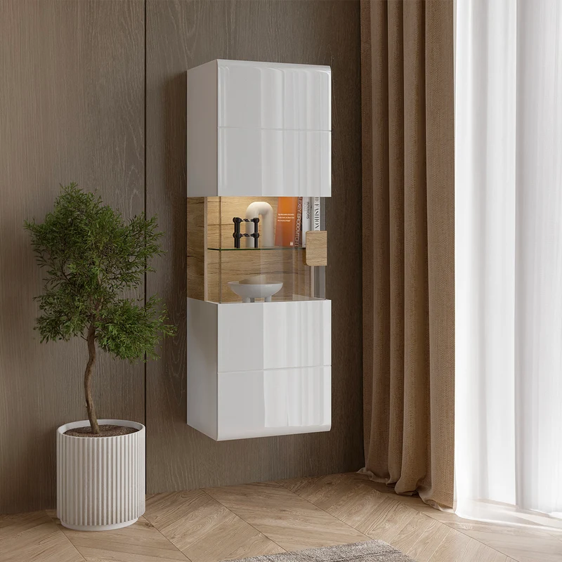 Vitrine murale 1 porte avec LED Jules Blanc et Bois