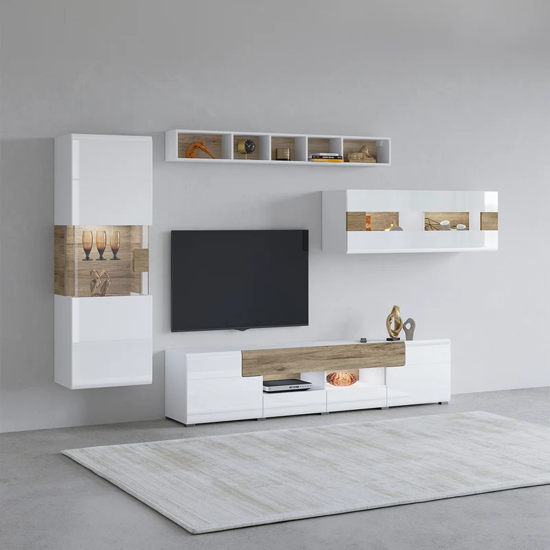 Vitrine murale 1 porte avec LED Jules Blanc et Bois