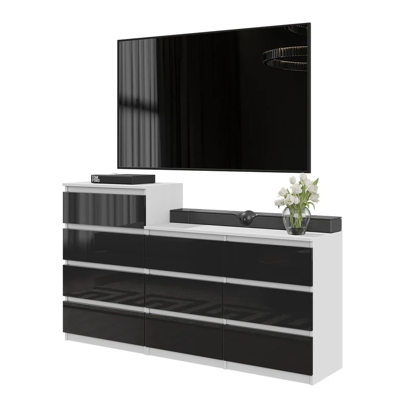 GABRIEL - Commode 10 Tiroirs (6+4) - H92/70 cm L160 cm P33 cm (Blanc / Noir Brillant)