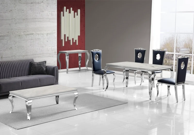 Salle à manger complète marbre beige argent – Neo