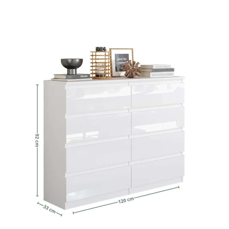 GABRIEL - Commode 8 Tiroirs - Buffet de Chevet - H92 cm L120 cm P33 cm (Blanc Brillant)