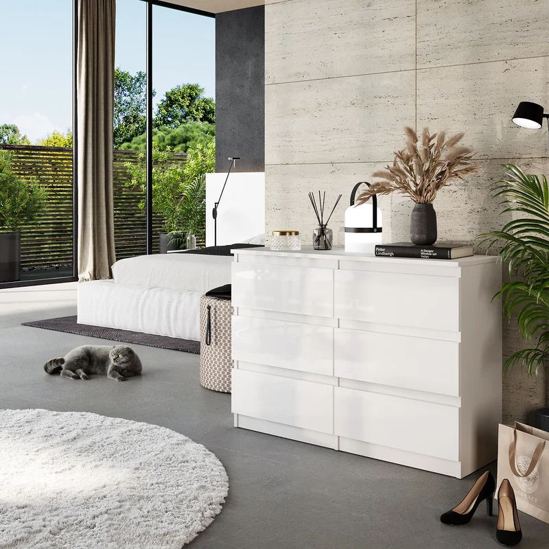 GABRIEL - Commode 6 Tiroirs - Buffet de Chevet - H71 cm L100 cm P33 cm (Blanc Mat / Blanc Brillant)