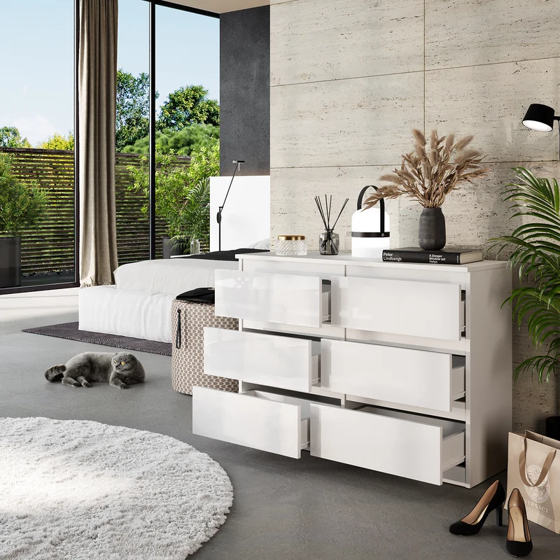 GABRIEL - Commode 6 Tiroirs - Buffet de Chevet - H71 cm L100 cm P33 cm (Blanc Mat / Blanc Brillant)