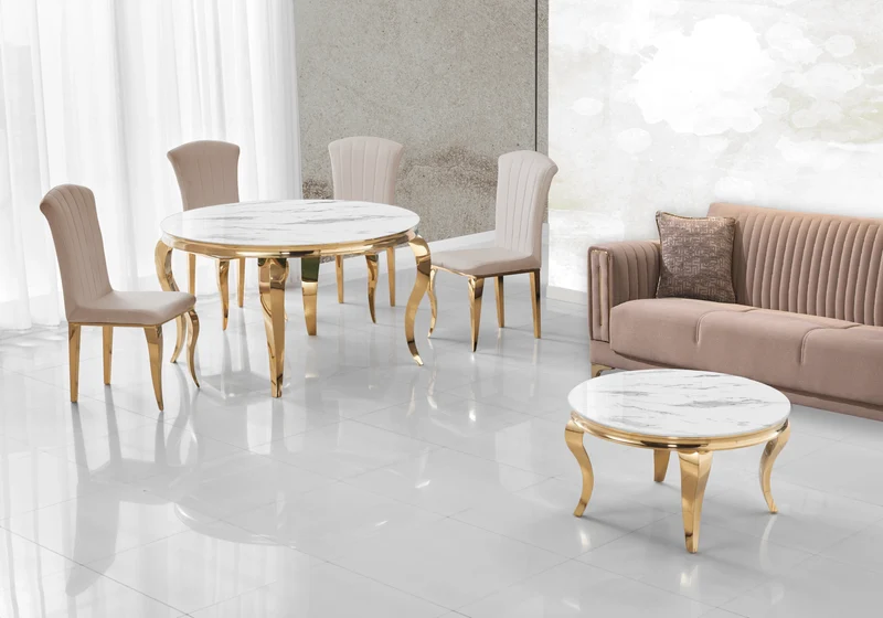 Ensemble salle à manger ronde marbre blanc et or – Neo