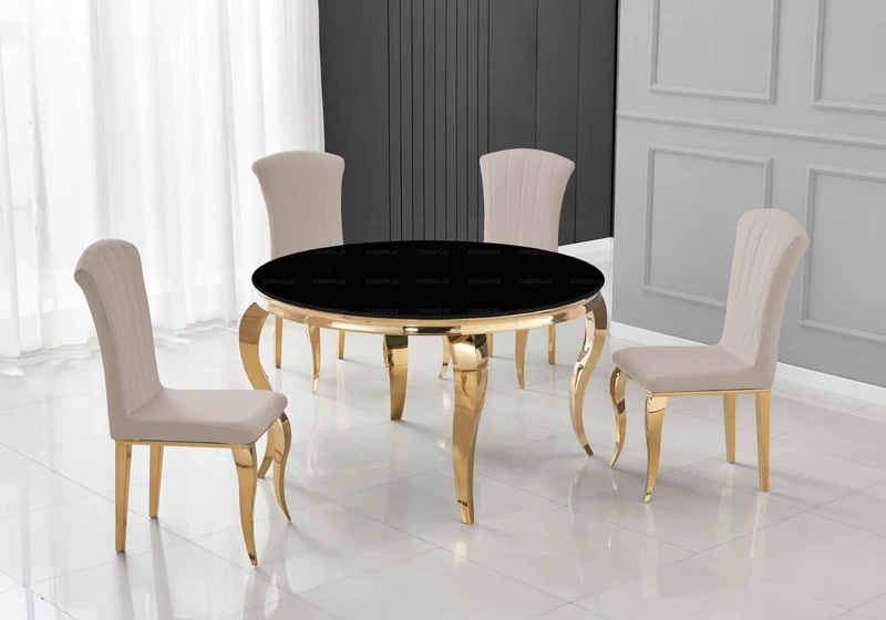 Table ronde verre noir et 4 chaises velours or – Neo