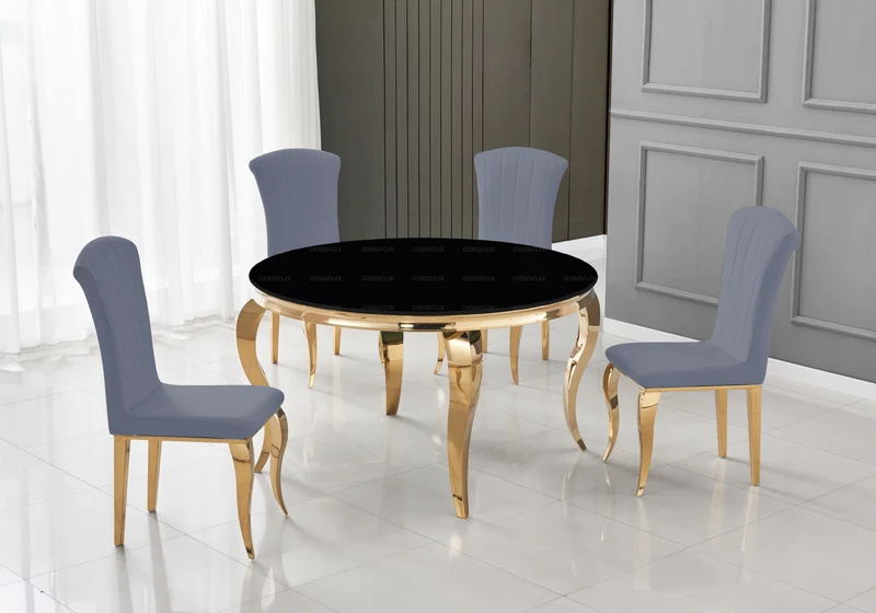 Table ronde verre noir et 4 chaises velours or – Neo