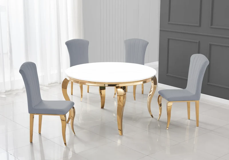 Table ronde verre blanc et 4 chaises velours or – Neo